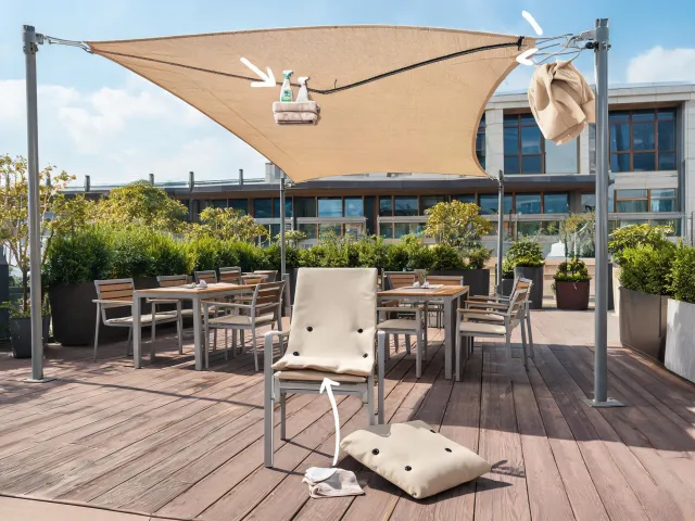 Hospitality terrace upholstery and shade system