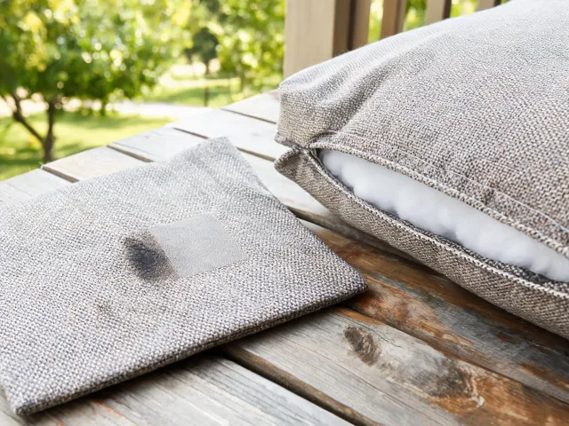 Outdoor seating fabric with cushion seam trial